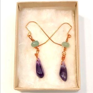 Handmade aventurine and amethyst copper wire drop earrings